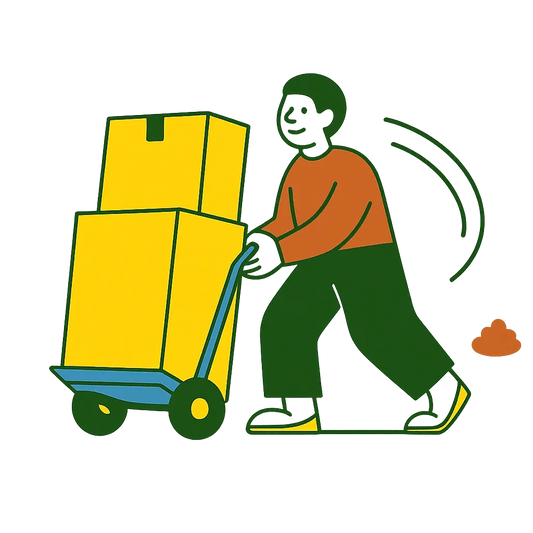 Illustration of a person pushing a cart with yellow boxes