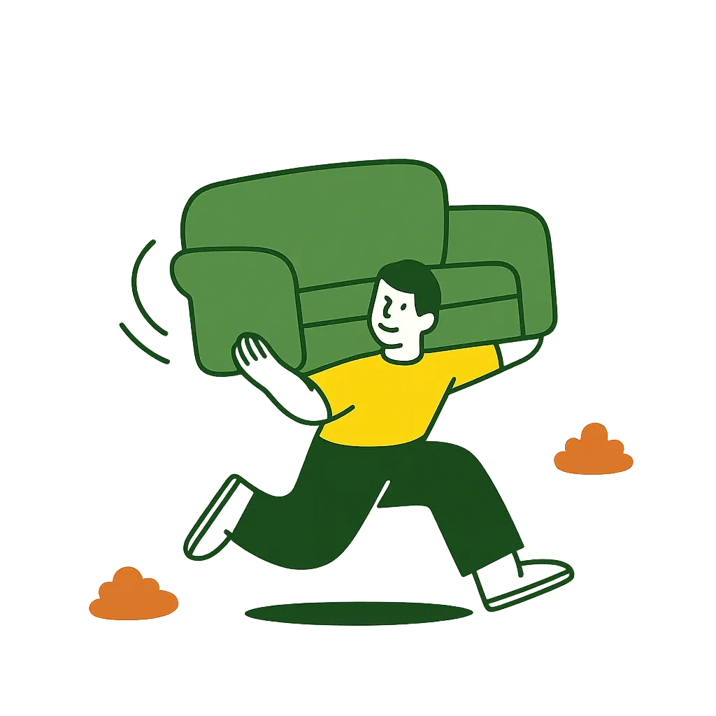 Illustration of a person carrying a green couch on a white background