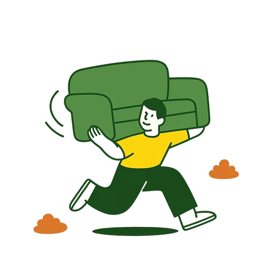 Illustration of a person carrying a green couch on a white background