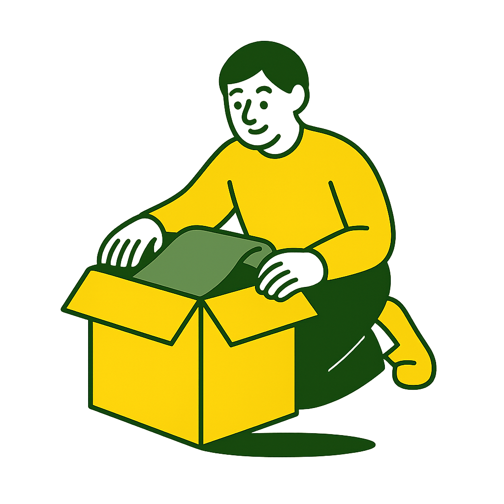 Illustration of a person opening a yellow box with a green item inside on a white background