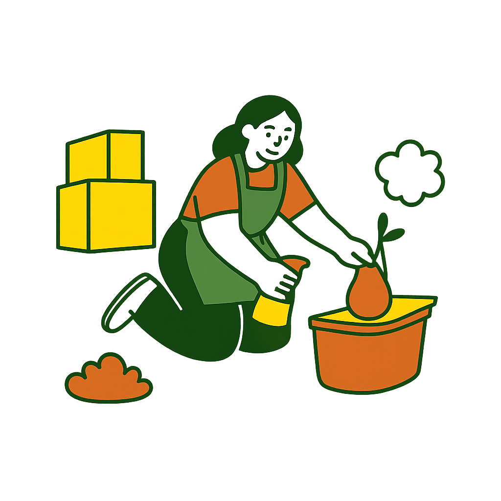 Illustration of a person cleaning with boxes in the background