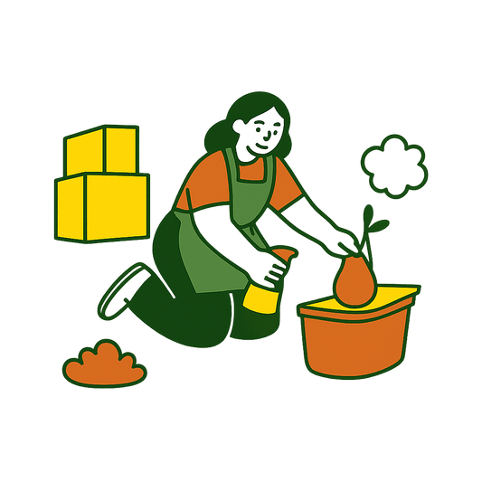 Illustration of a person cleaning with boxes in the background